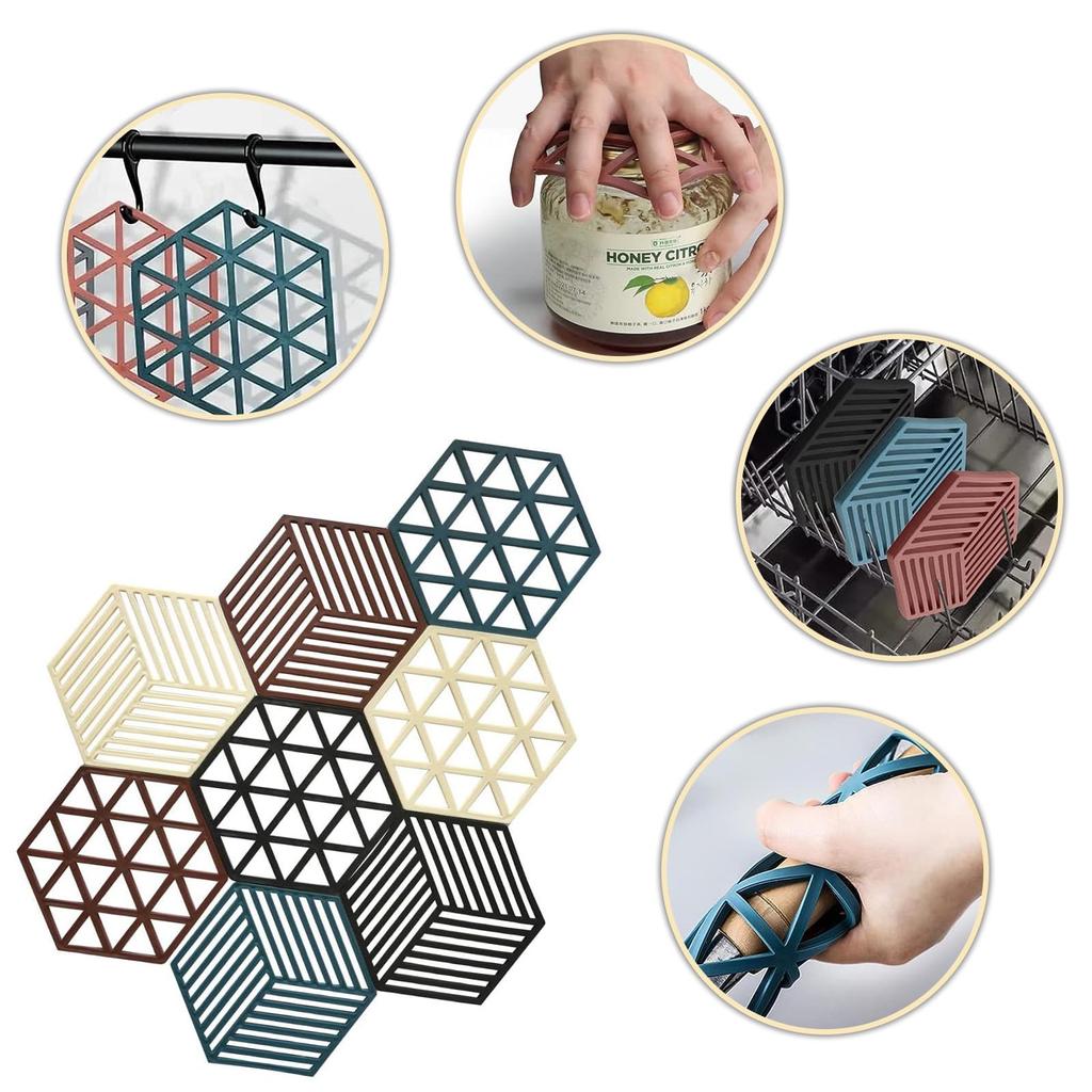 Hexagon PP Trivet Mat Set of 8 - Silicone Coasters with Anti-Scalding Non-Slip Hollow Design for Hot Cups Tea Wine Beer - Durable Potholders in Trian