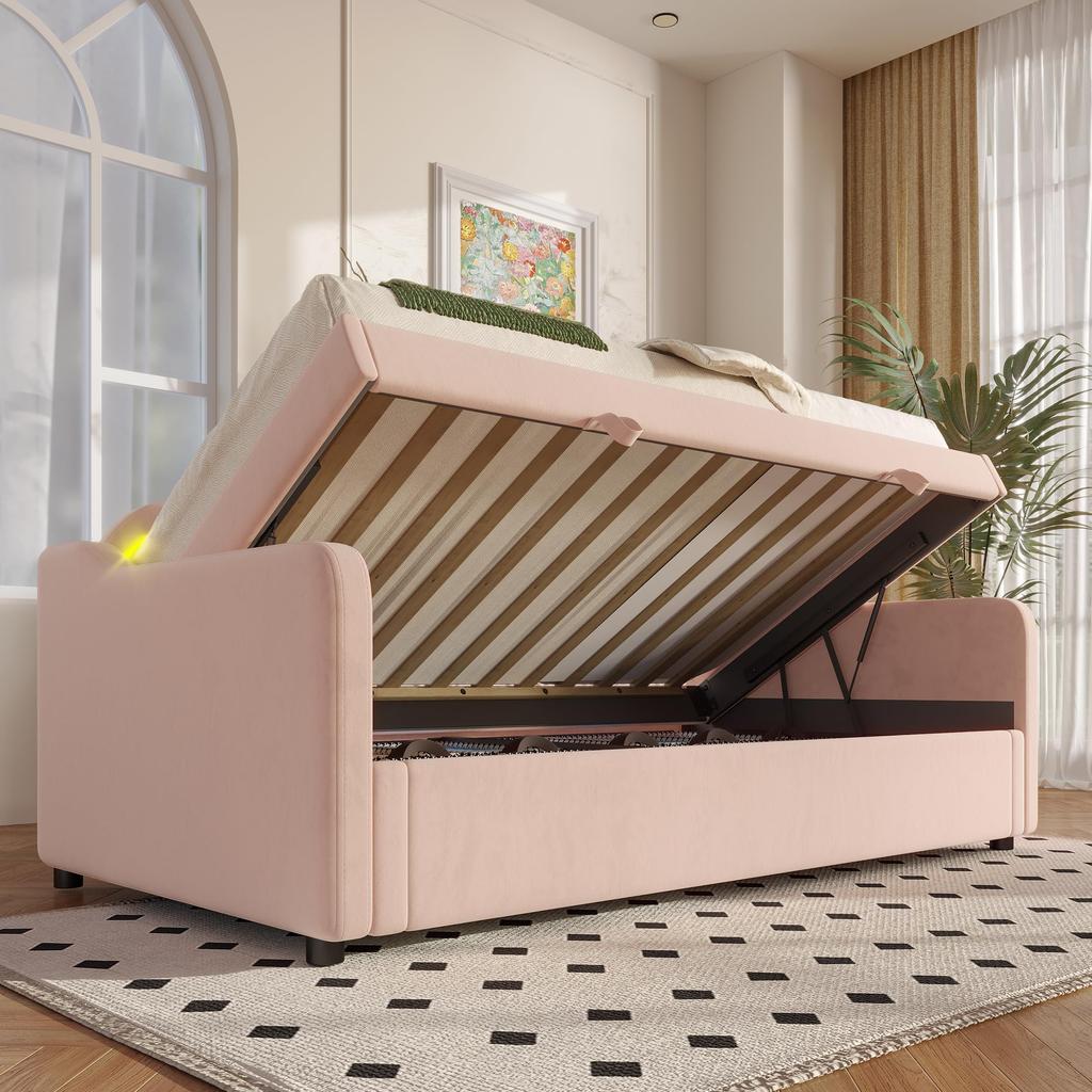 Hidrolik Depolama Alanlı Flieks Gündüz Yatağı 90x200 cm, Renk Değiştirebilir LED Şeritli Yataklı Kanepe, Pembe
