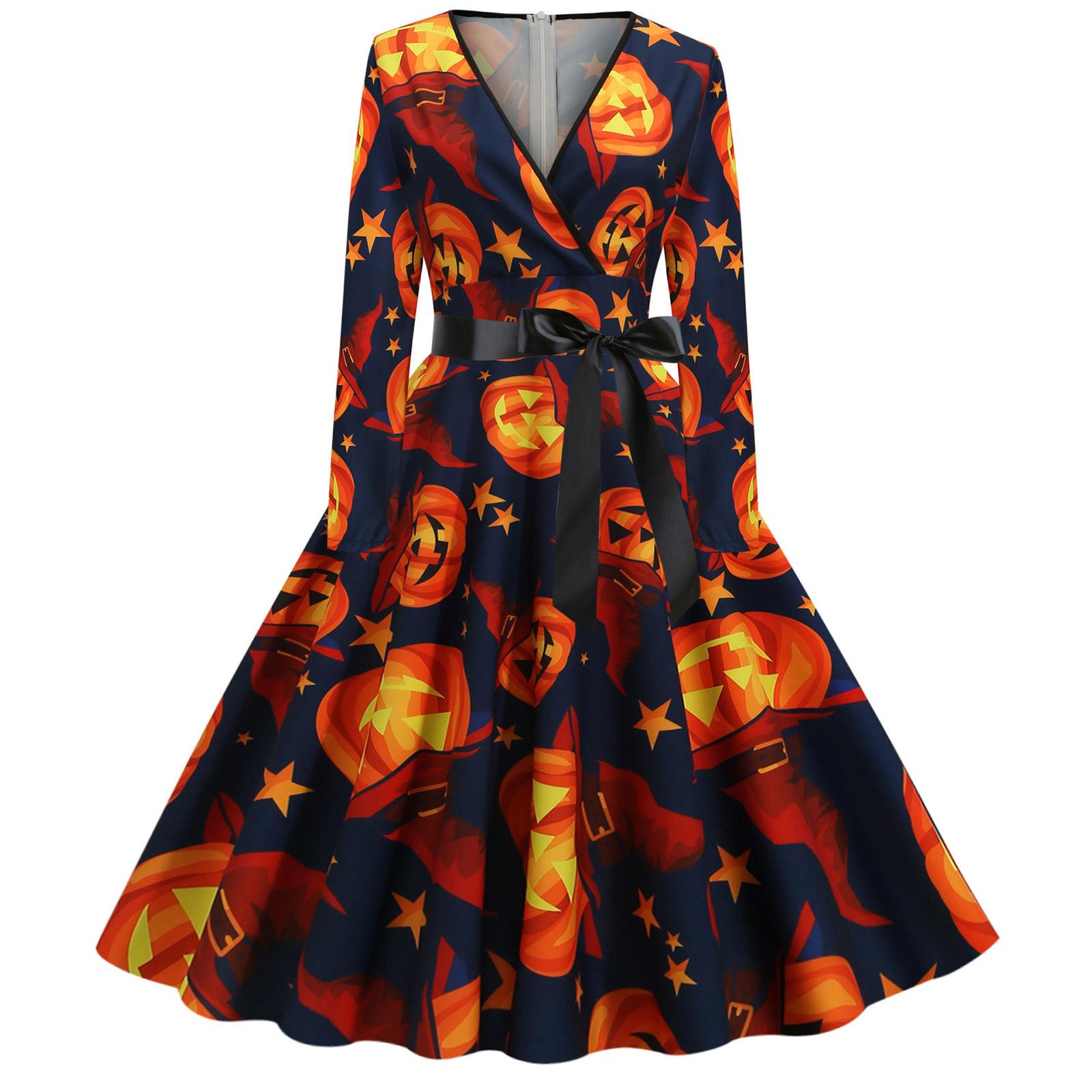 

Fashion Women s Sexy Vintage Dress V-Neck Long Sleeve Print Swing Dress XL чёрный