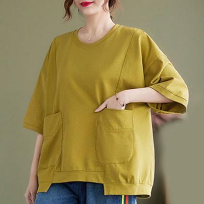 T-shirt Noir Oversize à Col Rond et Manches Courtes avec Poche et Ourlet Asymétrique pour Femme - Haut Décontracté