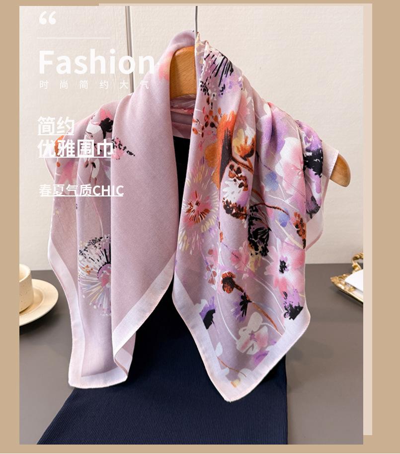 Fresh floral herringbone pattern cotton and linen feeling small square scarf silk scarf imitation velvet headscarf shawl sun protection scarf women's