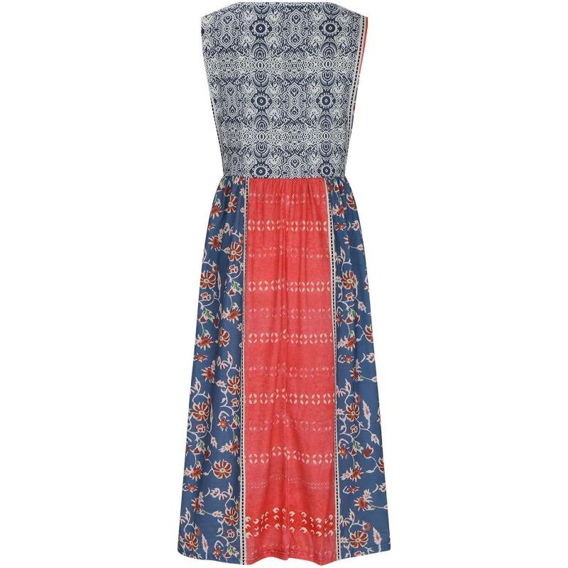Sleeveless Summer Loose Printed Dress New Women's Bohemian Floral Casual A-line Dresses Large Size Beach Sundress with Pockets Flowing and Loose