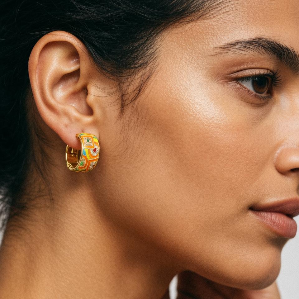 Nidin Vintage Colorful Enamel Geometric C Shape Stud Earrings For Women Inlaid Zircon Bohemian Ethnic Style Ear Jewelry Gifts