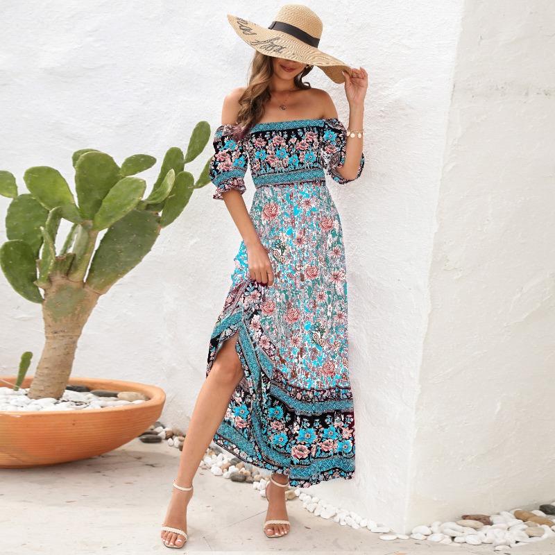 Bohemian Puff Sleeve Off Shoulder Midi Beach Vacation Dress For Women