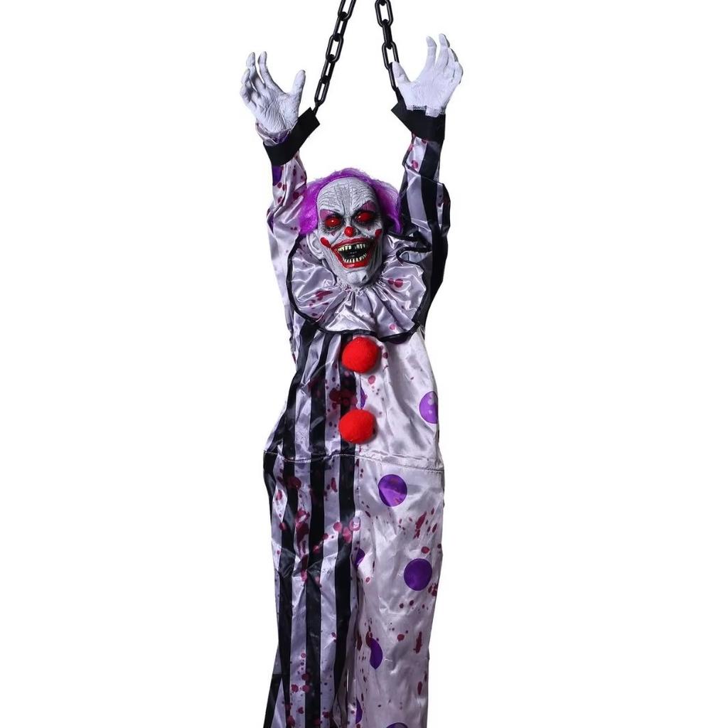 Halloween Party Props Animated Hanging Clown with Chain Glowing Eyes Creepy Sound for Haunted House Outdoor Yard Decoration