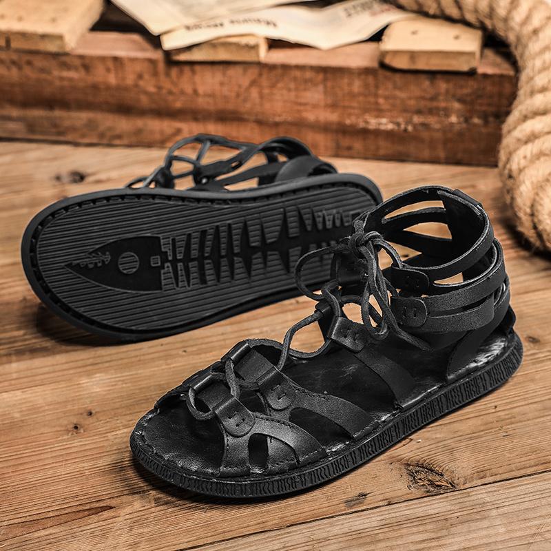 

Модные мужские римские сандалии из натуральной кожи из коровьей ткани с плоским дном и открытым носком на шнуровке, нескользящие повседневные пляжные сандалии ручной работы 44 чёрный