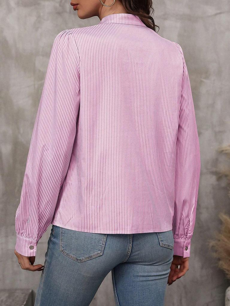 2024 Women's Striped Lantern Sleeve Tie Collar Shirt