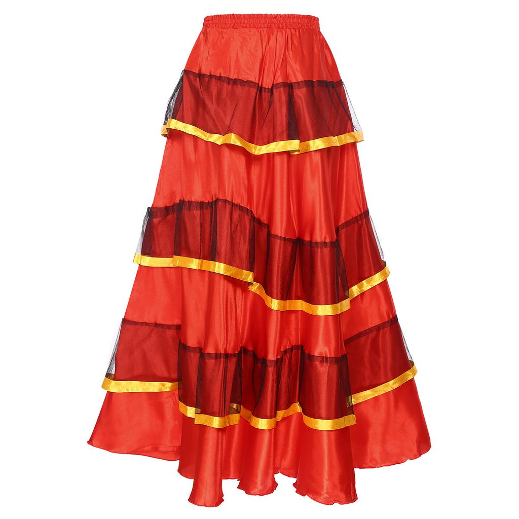 Womens Flamenco Dance Skirt Tiered Ruffles Wide Hemline Ballroom Dancing Skirt Carnival Stage Performance Costume