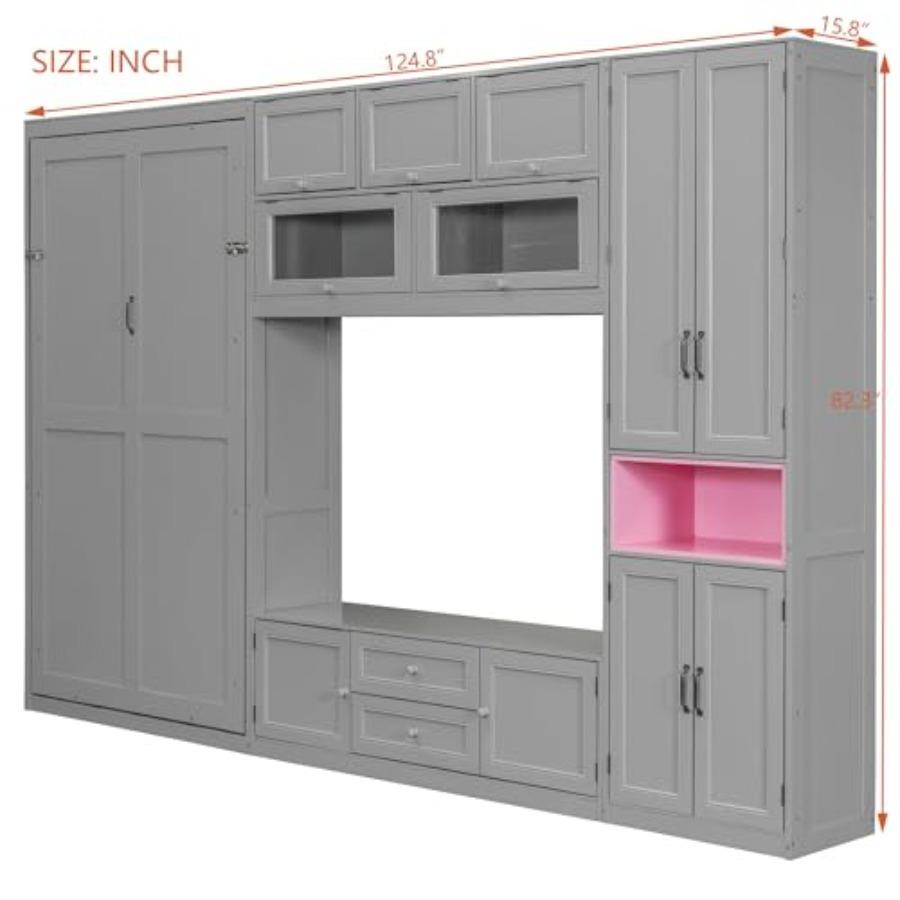 Twin Size Wooden Murphy Bed with TV Stand, Space-Saving Wall Bed Frame with 2 Drawers, Shelves, Cabinets, Foldable Platform for