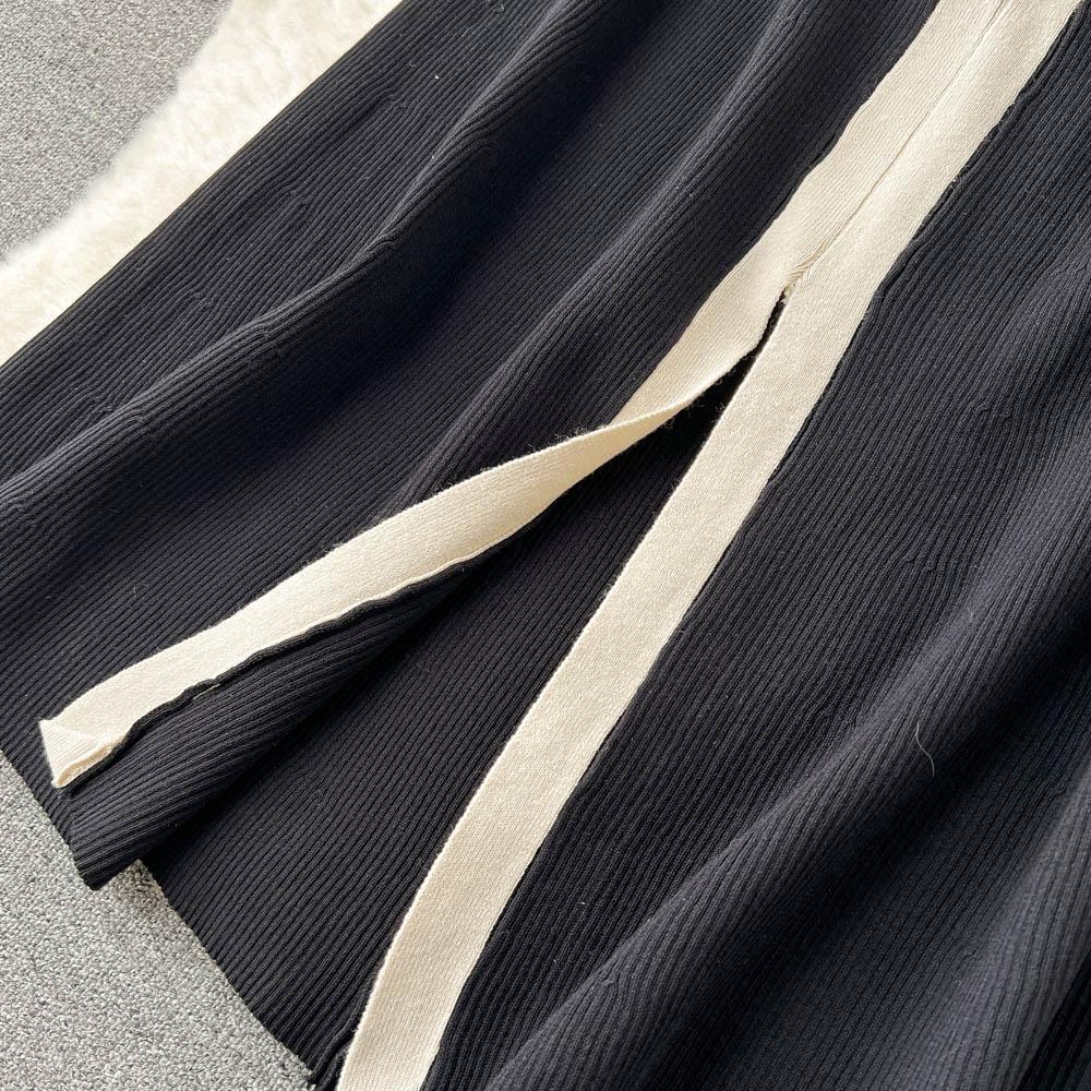 New Summer Women V-neck Split Long Midi Knitted Sweater Dress Fashion Casual Contrasting Color Knitwear Clothing