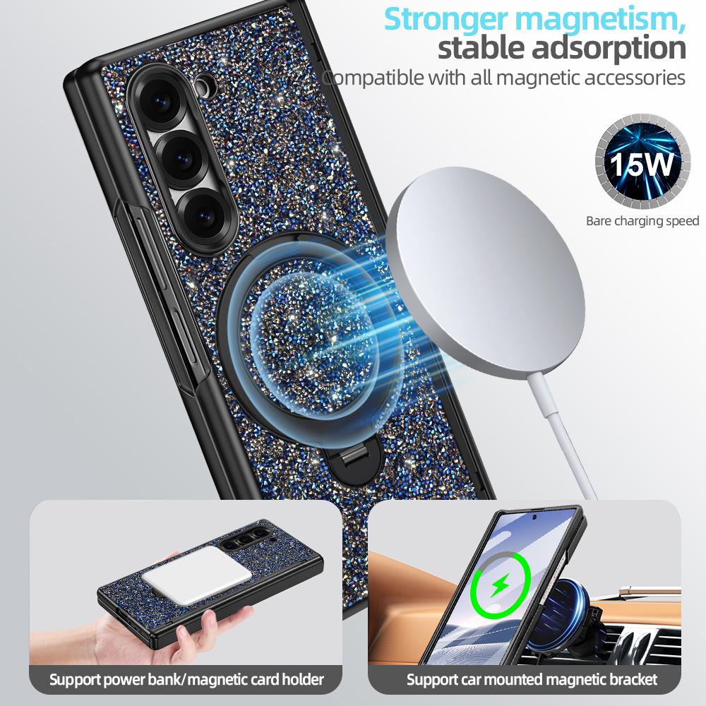 Luxury Girls Glitter Bling Faux Leather Plating Phone Case For Galaxy Z Fold 7/6 With Rotatable Holder, Anti-peeping Glass Film