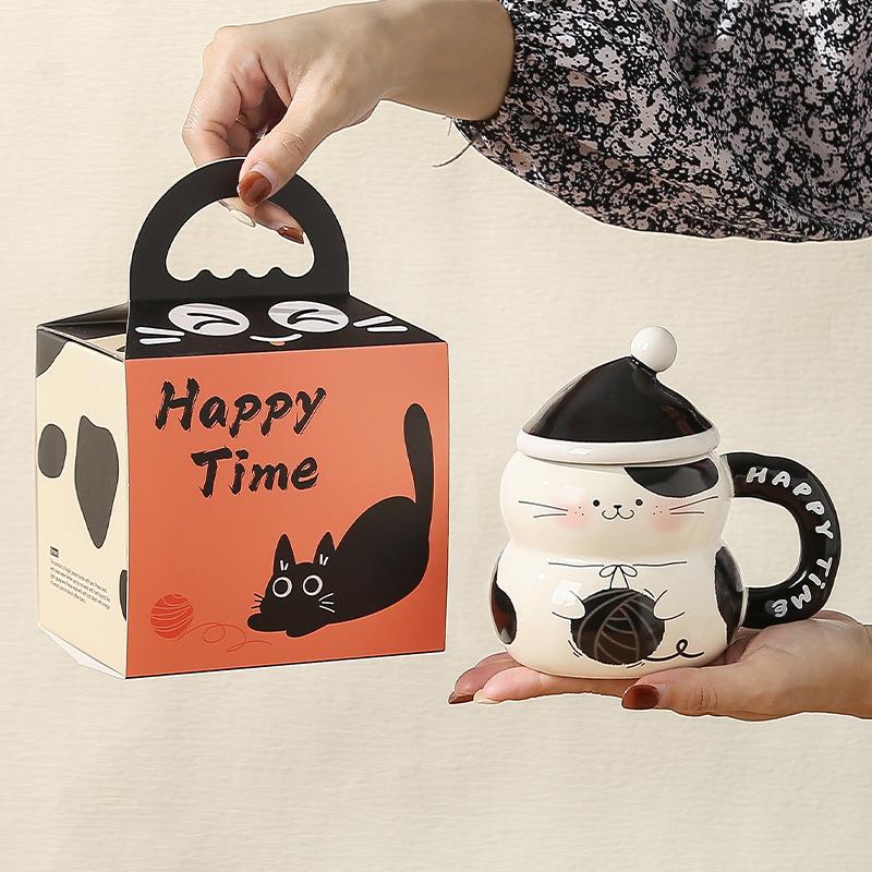 Cat Cup Ceramic High Looking Mug with Lid Breakfast Coffee Cup Creative Water Cup for Girls Birthday Gift