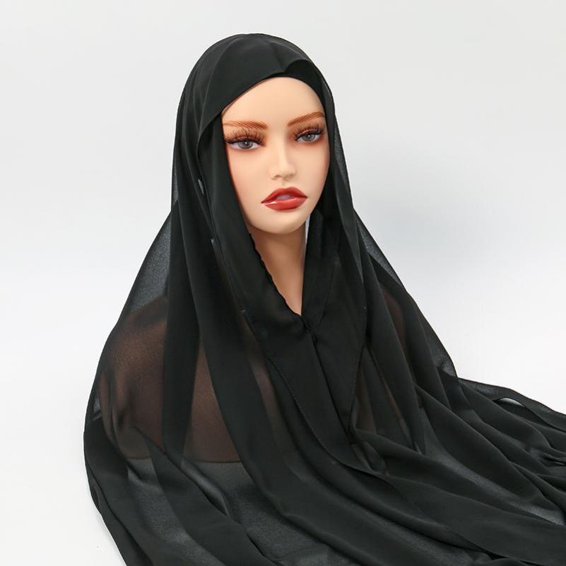 Instant Chiffon Hijab With Built In Magnet Buckle Solid Color Woman Muslim Hijab Scarf Soft Islam Turban Fashion Headband Shawl