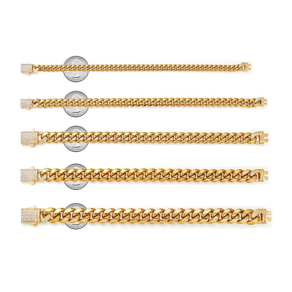 6/8/10/12/14mm Iced Out CZ Spring Clasp Cuban Link Chain Bracelet 18K Gold Plated Stainless Steel Bracelet for Men