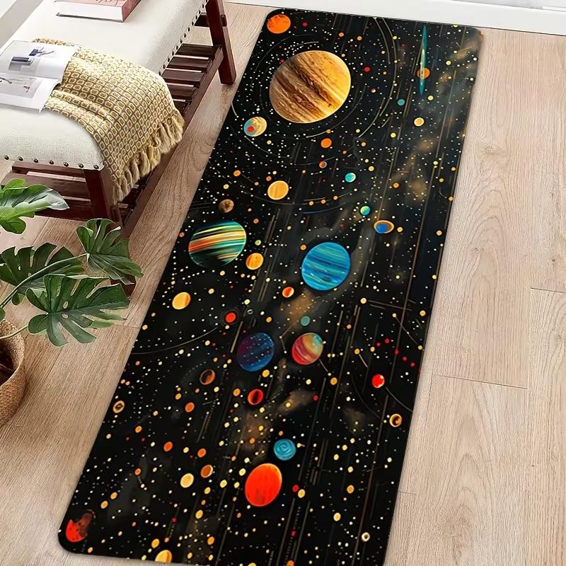 Tapis de couloir sur le thème de l'espace Impression vibrante de système solaire de dessin animé Tapis de sol doux antidérapant Tapis galaxie pour chambre d'enfant salon