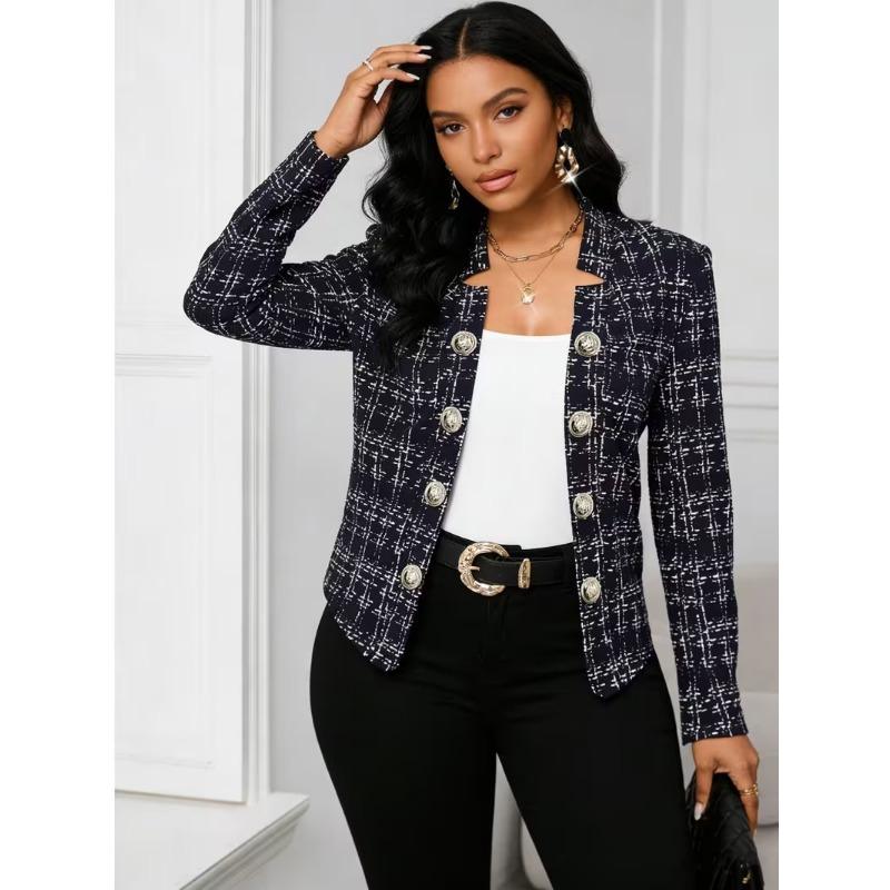 Women S Fitted Plaid Long Sleeve Button Blazer