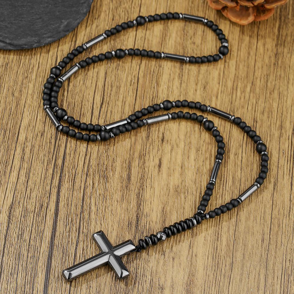 Natural Stone Black Agate Tigers Eye Cross Necklace For Men Hip Hop Jewelry