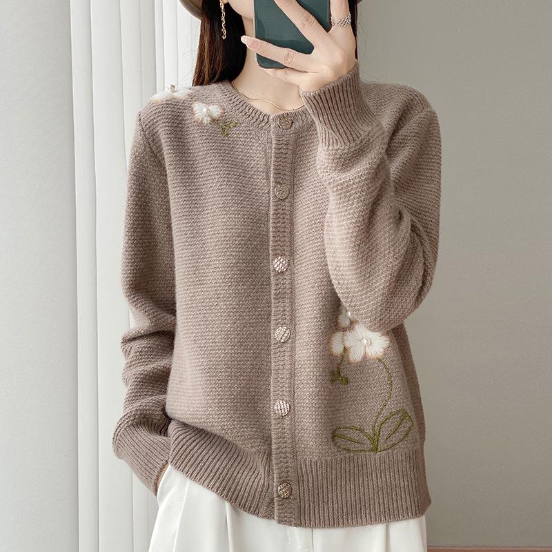 Women's Round Neck Wool Knit Cardigan - Autumn/Winter Handmade Embroidered Cashmere Coat, Thickened Long Sleeve Waffle Design