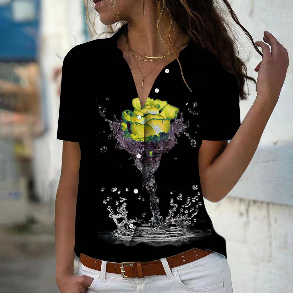 2025 Summer New Fashion Women's Flower Printed Short Sleeve V-neck Casual Button-down Shirt Top