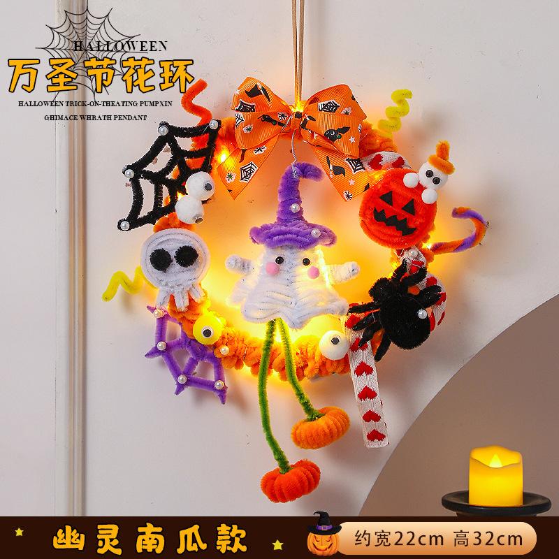 Halloween Wreath with Lighted Pumpkin Lantern, Glowing Door Hanging Decoration Props for Store Party Scene Atmosphere Layout