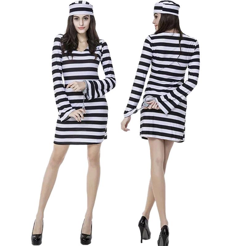 Prisoner's Clothing Classic Black-and-white Striped Couple's Prison Outfits Hats Dress Halloween Party Performance Costume