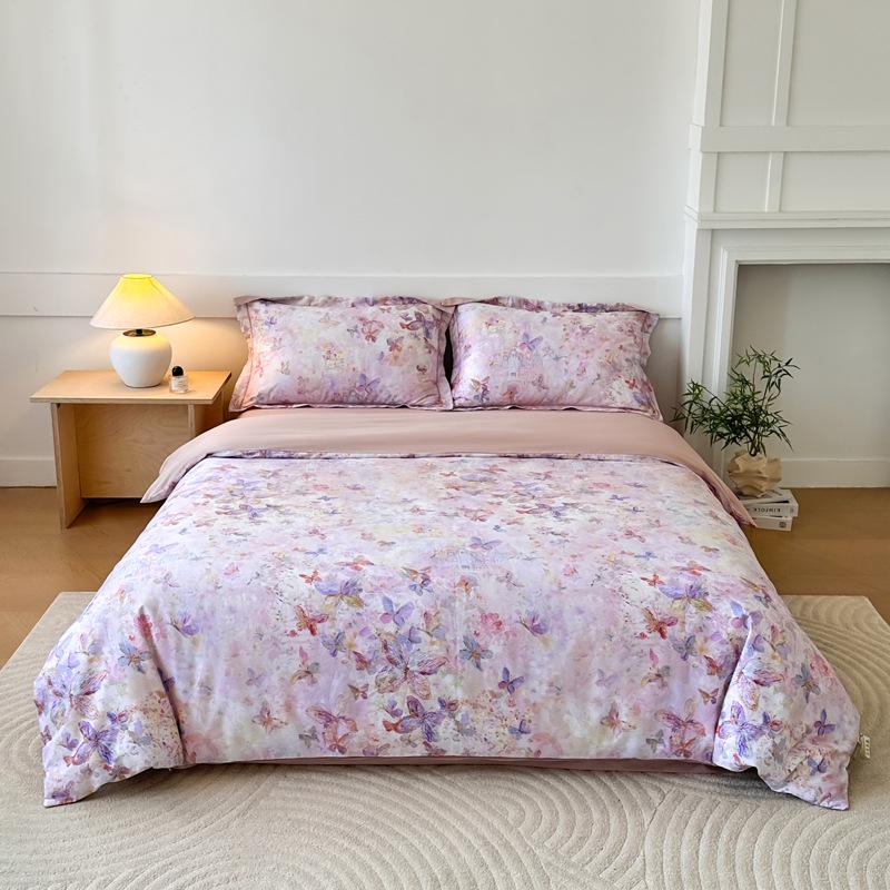 60s Long-Staple Cotton Digital Print 4-Piece Bedding Set with Duvet Cover, Bed Sheet, and Gift Bag