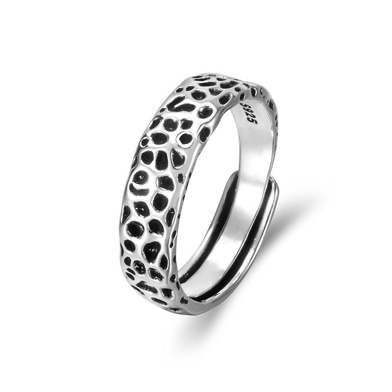 S925 Sterling Silver Meteorite Pattern Adjustable Ring - Unisex Retro, Cold Style, Hip Hop, Thai Silver.
