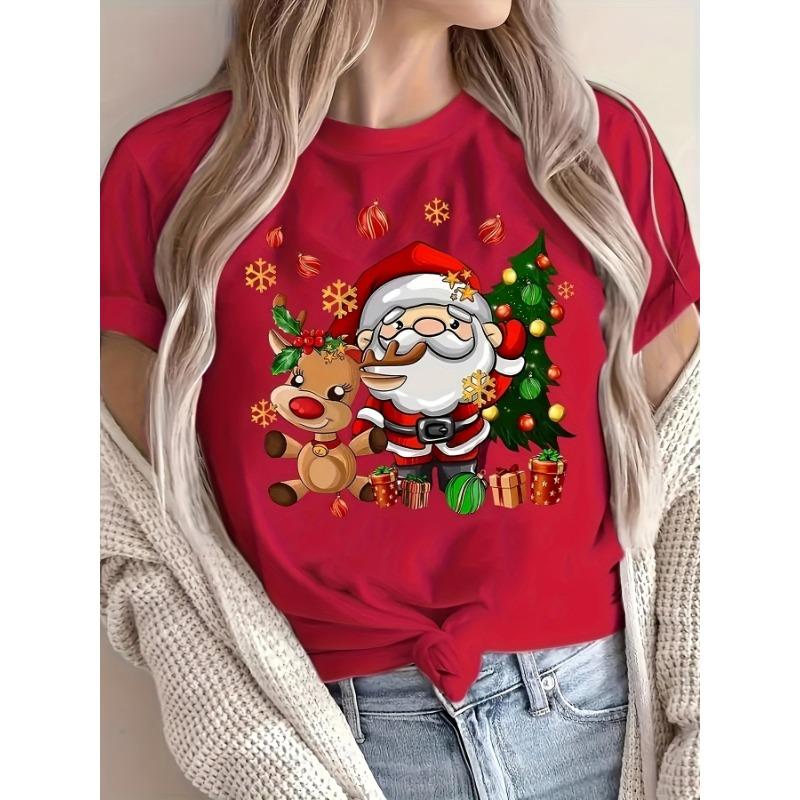 Christmas Santa and Reindeer Print Crew Neck T-Shirt Harajuku Sleeve Women's T-shirt Clothing Street Tops Tees Aesthetic Clothes
