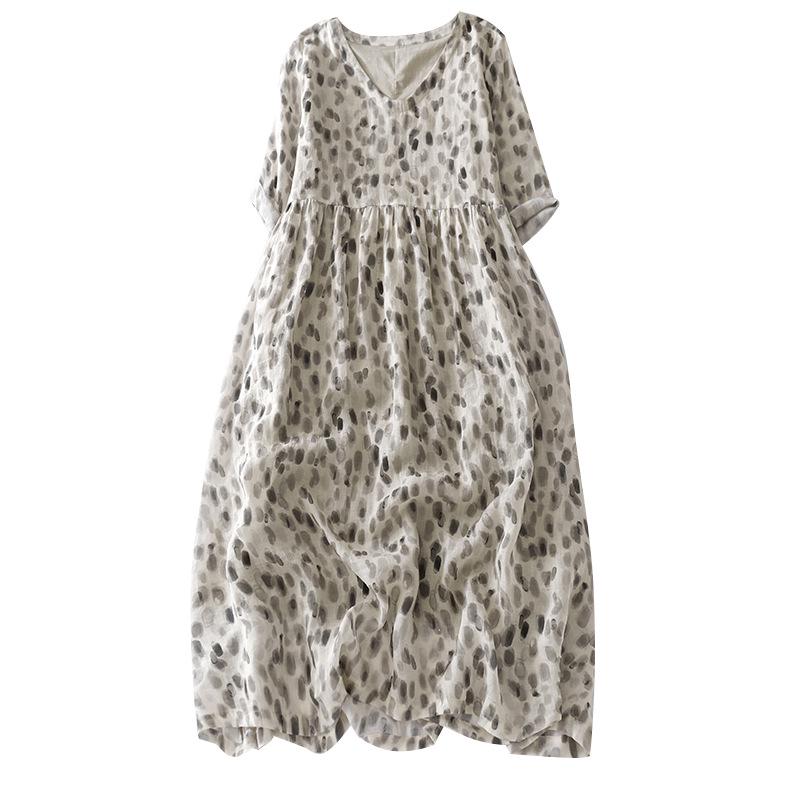 Xinxing 2025 V-neck Cotton Linen Swing Travel Dress - Mid-length Summer Vacation Wear