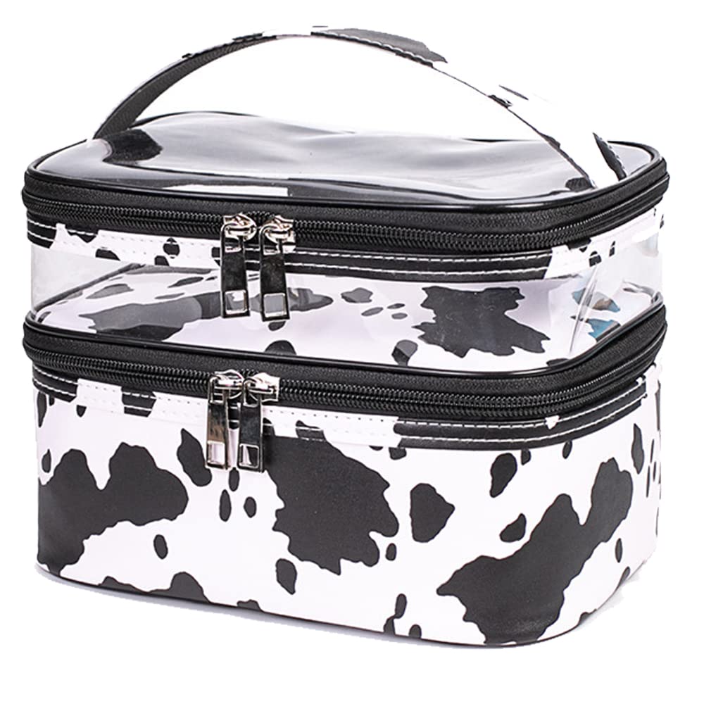 [Компания по производству чемоданов] Большая косметичка GPT, 2-слойная, прозрачная, большой вместимости, с ручкой, принт корова, животный принт