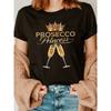 Women'S Prosecco Princess Queen Graphic T-Shirt - Black with Golden Wine Glasses & Crown Design