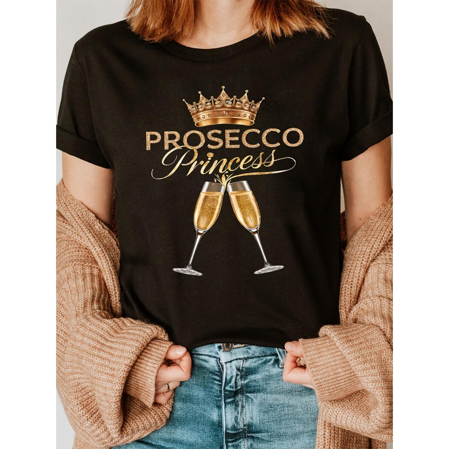 Женская футболка с принтом «Принцесса Просекко Королева» - Черная с золотым дизайном бокалов для вина и короны S чёрный