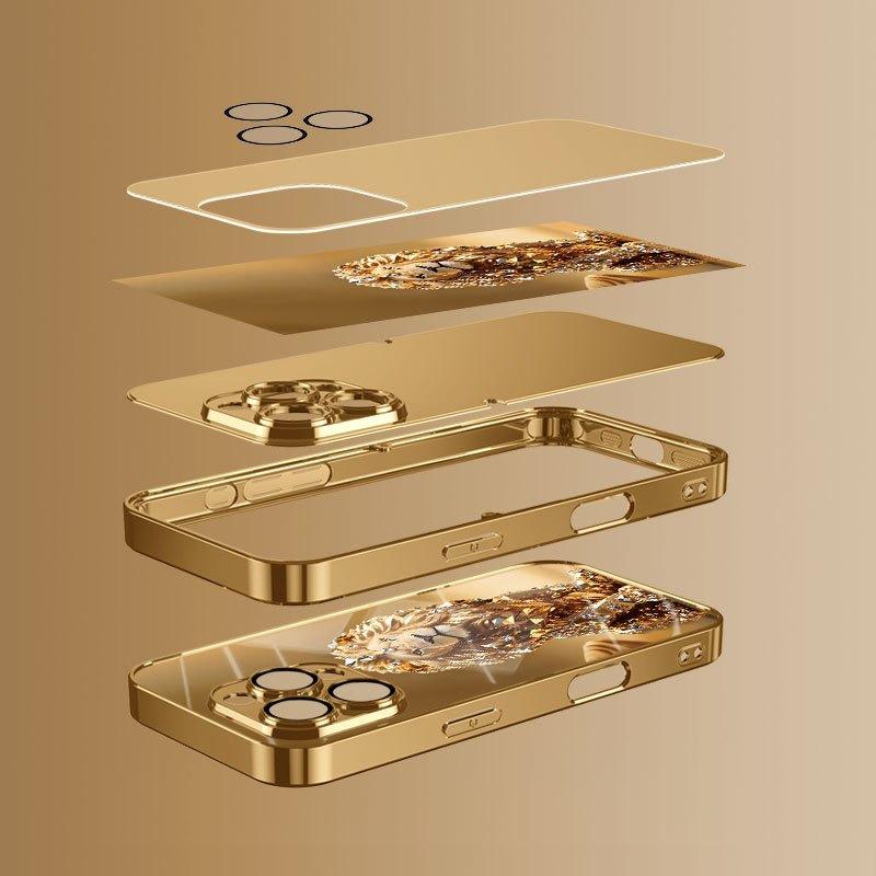 Funda de Cristal para Teléfono con Patrón de León Dorado Pintura Metálica Dorada para iPhone 17 11 12 13 14 15 16 Pro Max 15 Plus 17Air 16E Cubierta