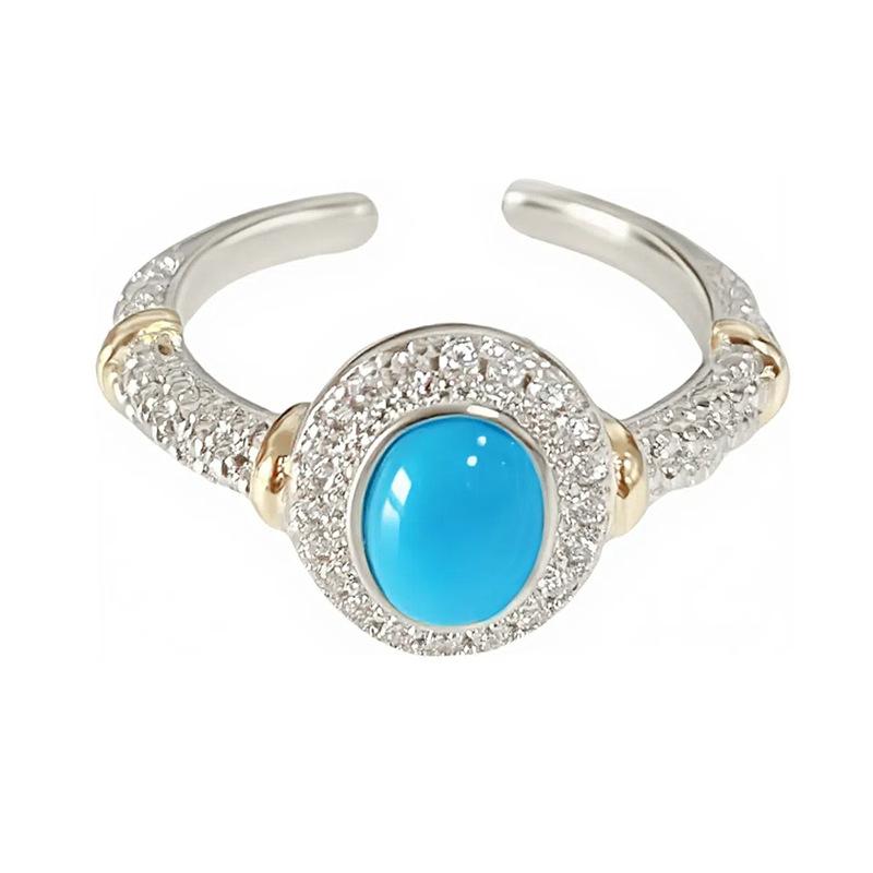 Court Style Two-Color Imitation Turquoise Daisy Open Ring Light Luxury Niche Retro Design High-End Sense Stacked Ring