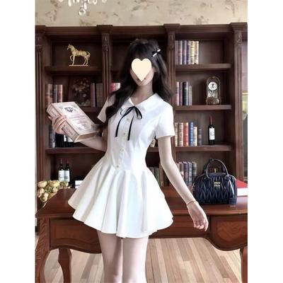 Summer College Style Sweet Bow Doll Collar White Dress Women's Waist Pleated a Word Short Skirt Princess Dress