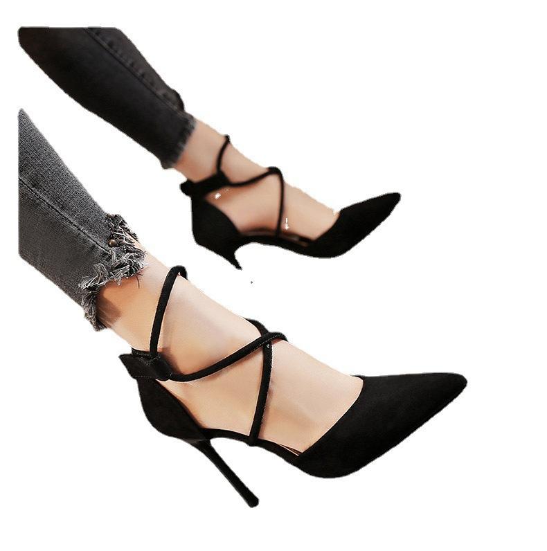 2025 summer European and American suede pointed toe crossed anklet strap high heels women's banquet nightclub sexy thin heel women's sandals