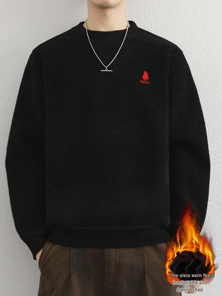 Men's Youth Velvet Thickened Wool Sweater - Embroidered, Warm, Trendy Round Neck Knitwear for Autumn and Winter