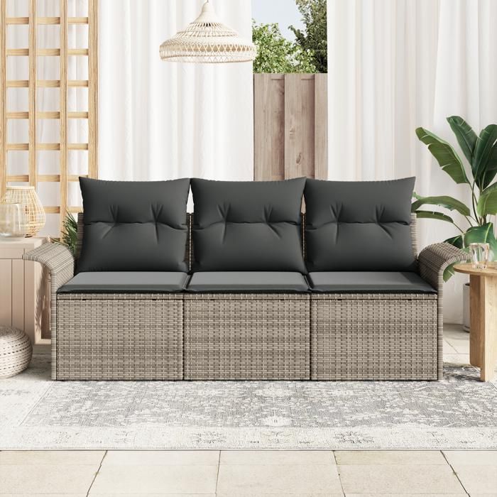 VidaXL Ensemble 3 Canapés de Jardin avec Coussins Gris Rattan Poly 3345219