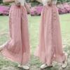 Damen Sommer Rosa Chinesischer Knoten Bestickte Weite Leinenhose