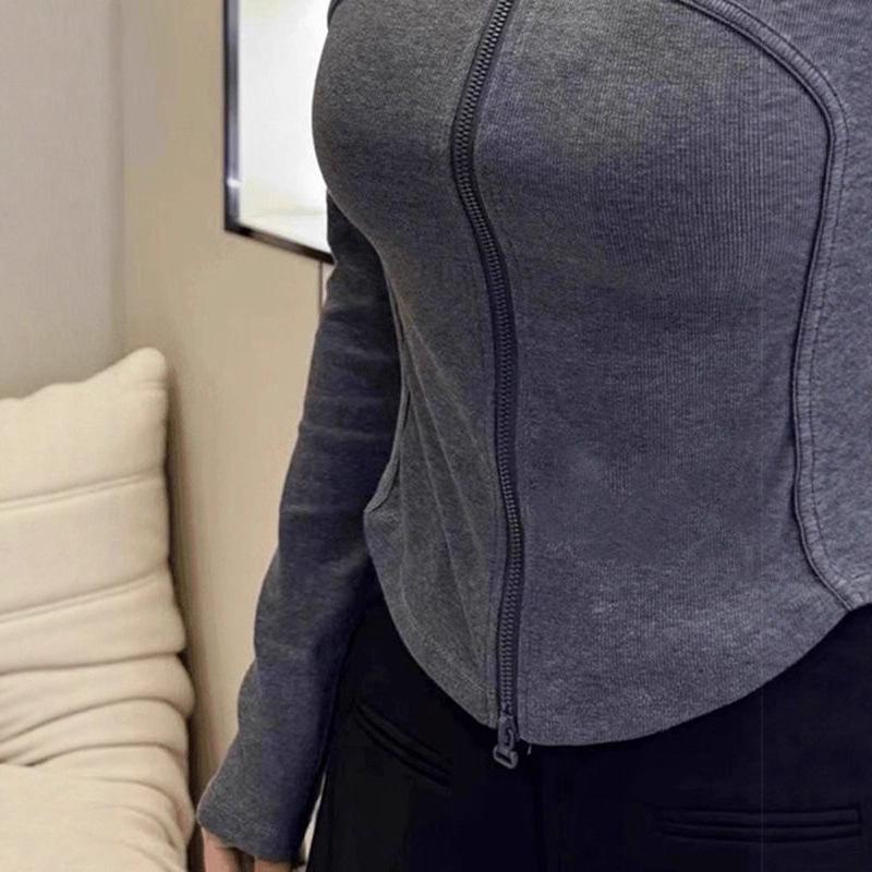 T-shirt da donna De Rong con zip e colletto alto - Moda Autunno Inverno Slim Fit Top Sportivo Yoga