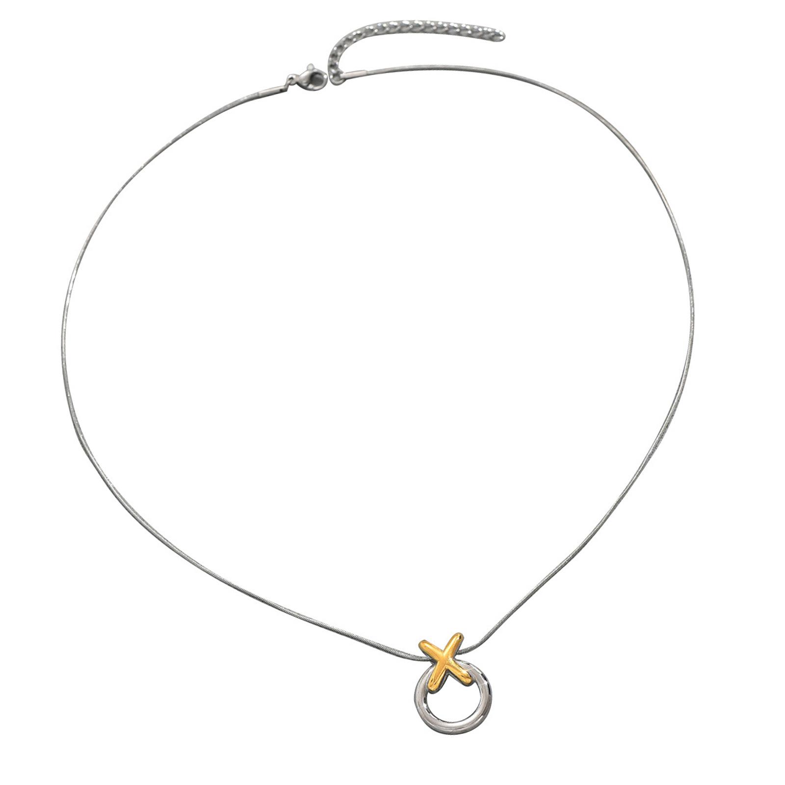 

Modern Silver Two Tone Neck Jewelry Featuring Interlocking Circle Cross Charm On Flexible Snake Chain Necklace