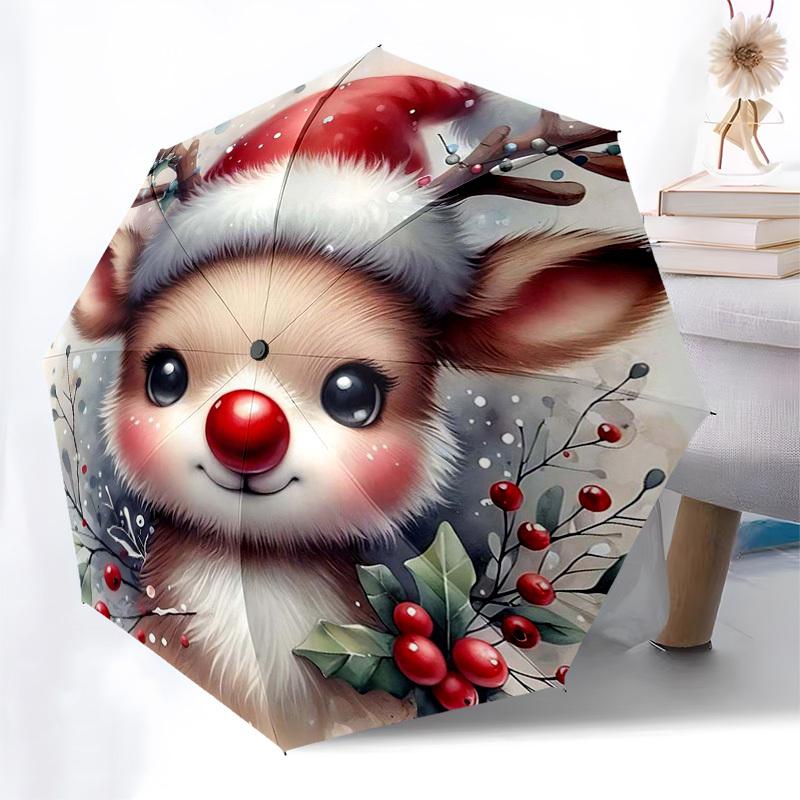 

1pc Christmas Reindeer Automatic Folding Umbrella, Portable 3-Fold Design with Holly Berries, Perfect for Fans, Travelers, Daily Use, Festive Gift.H01