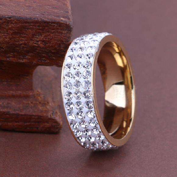 Titanium Steel Women Men 3 Rows Shiny Rhinestone Finger Ring Wedding Jewelry Gift