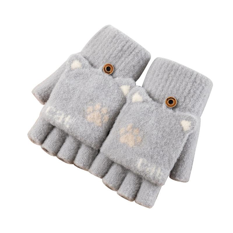 Handschuhe für Damen, Winter, süße Cartoon-Halbfinger-Flip-up-warme Student-Schreib-Strickhandschuhe
