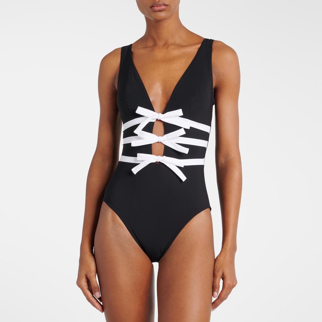 1011 European and American Swimwear New V-neck Bow Hollow Black and White One-piece Swimsuit Suit Women 11191