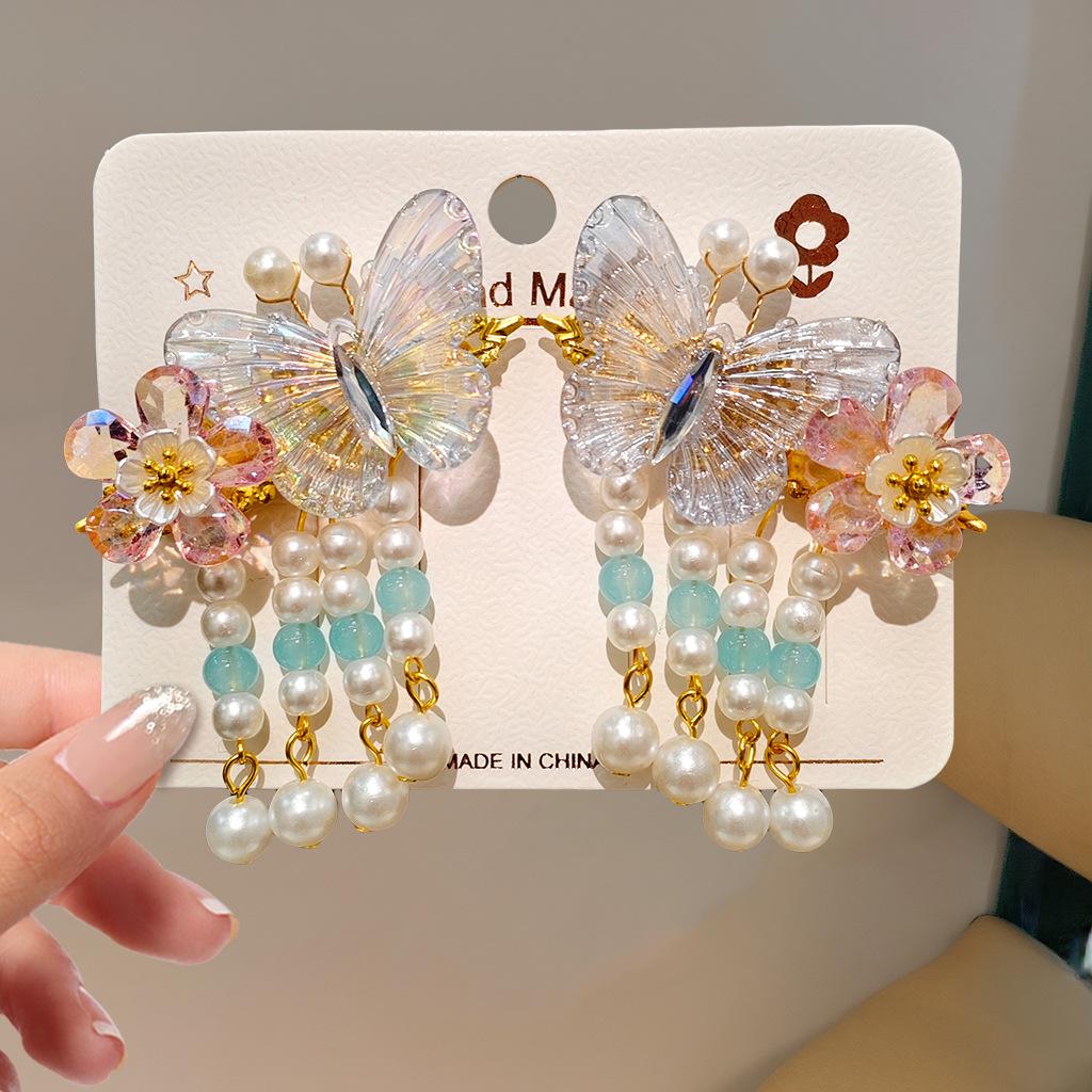 Children's Traditional Hanfu Headdress Hair Clips with Tassels - Handmade Pair for Girls