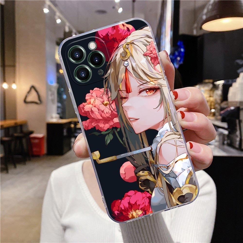 Průhledný kryt na telefon pro Apple iPhone 12 11 13 Pro Max mini XS X XR 7 8 6 Plus SE pouzdra kryt anime Genshin Impact květina hra