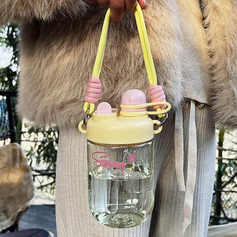 Summer Portable Straw Water Cup Large Capacity Water Bottle Student Carrier Kettle Girls Cute Straw Cup with shoulder strap