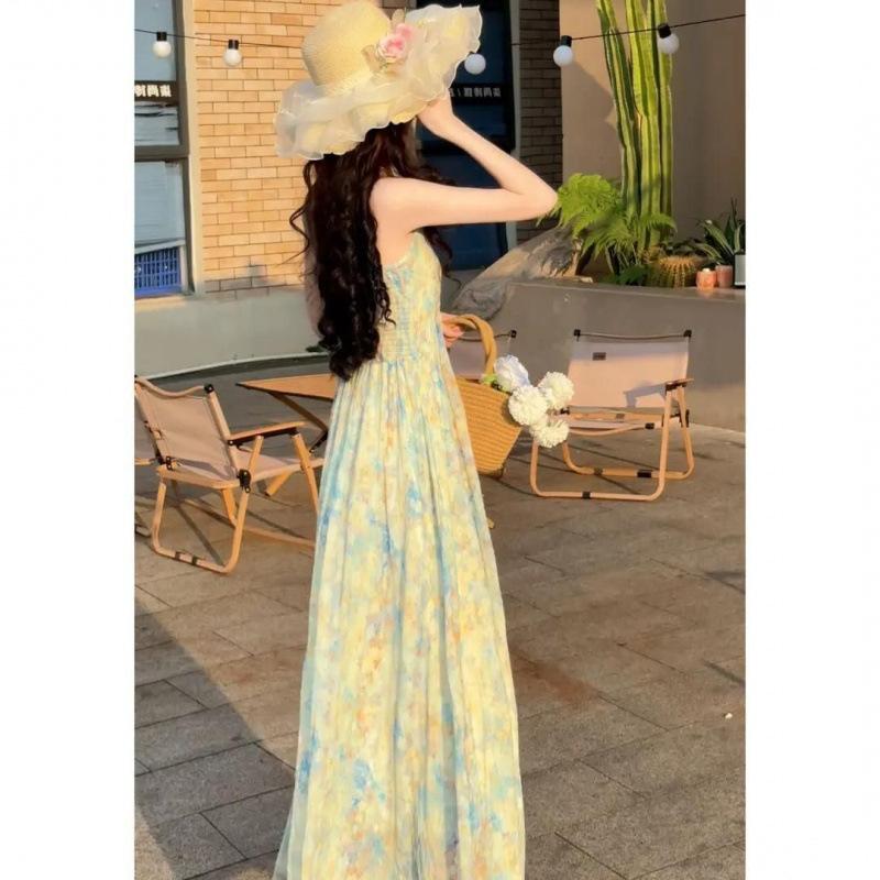 Summer new floral suspender dress simple commuter style splicing design long dress single piece middle-aged and young people