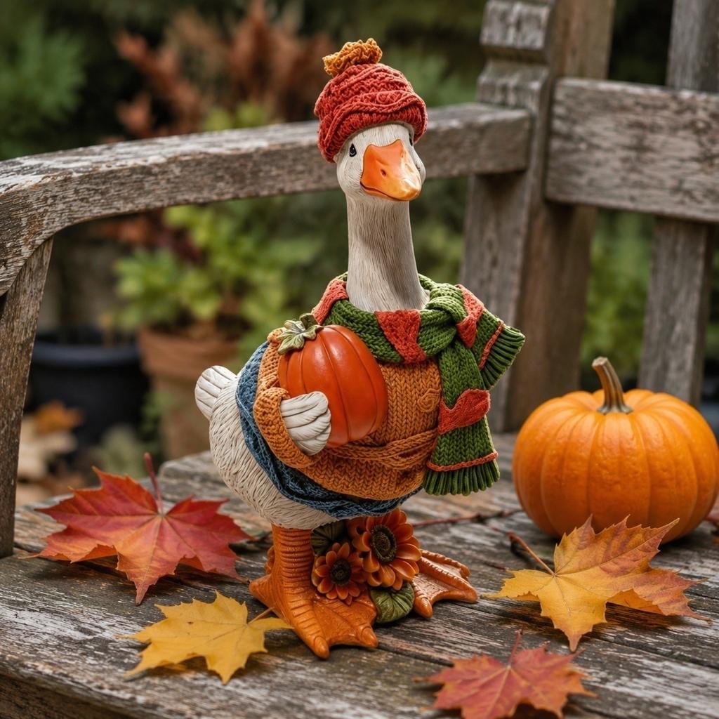 Autumn Pumpkin Duck Resin Figurine Wearing Knit Hat Scarf and Sweater Decorative Fall Seasonal Ornament for Indoor Display